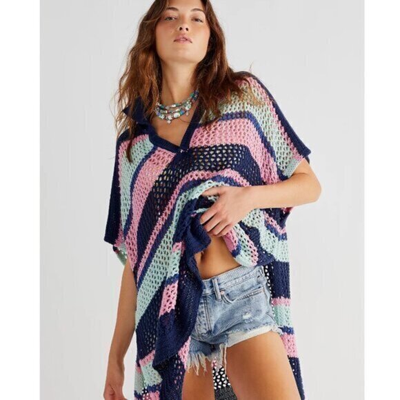Free People Bayside Stripe Crochet Poncho - Picture 1 of 5